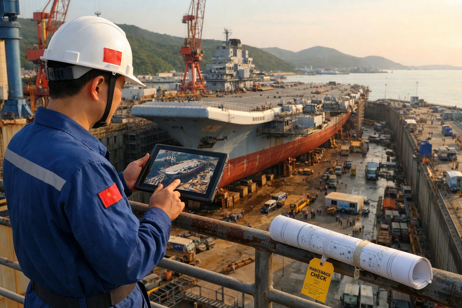 Homem com capacete e tablet a inspecionar porta-aviões em doca seca com planos técnicos ao lado.
