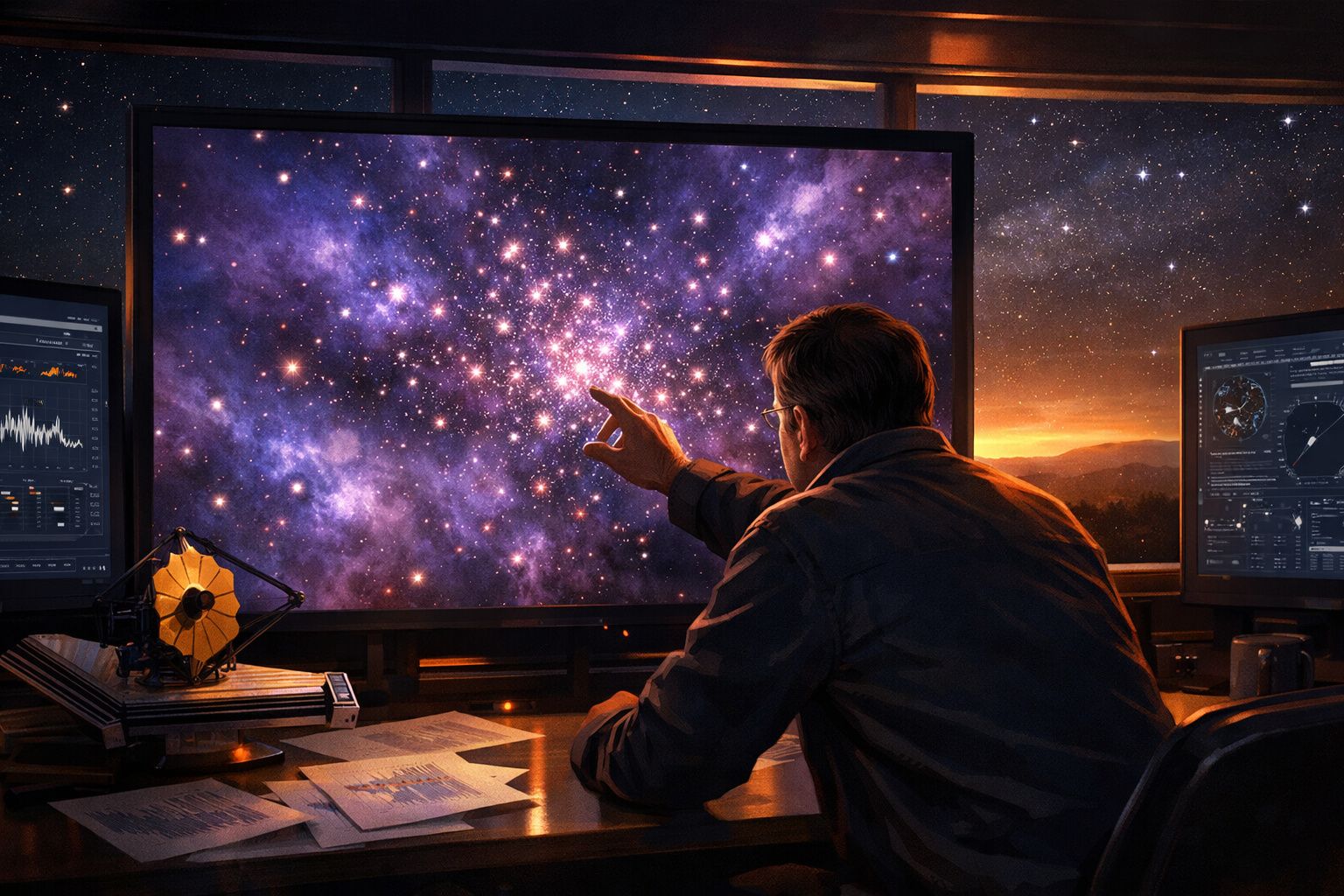 Homem num escritório a apontar para uma imagem digital do espaço com estrelas e galáxias em monitores.