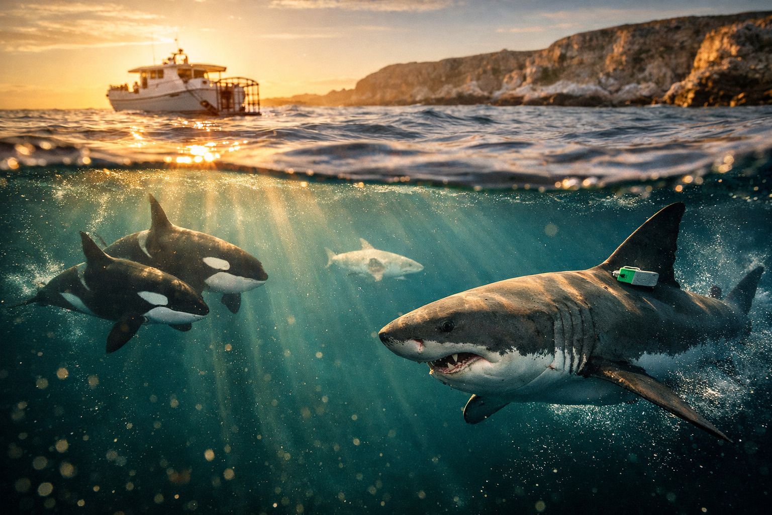 Vista submarina com tubarão branco e duas orcas perto da superfície, barco ao pôr do sol ao fundo.