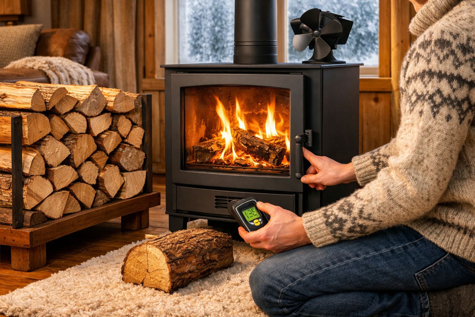 Pessoa a ajustar uma salamandra a lenha acesa numa sala aconchegante com troncos empilhados.
