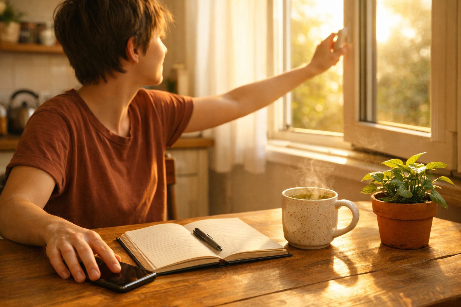 Pessoa a abrir a janela numa cozinha iluminada, com caderno, caneta, chá quente e planta numa mesa de madeira.