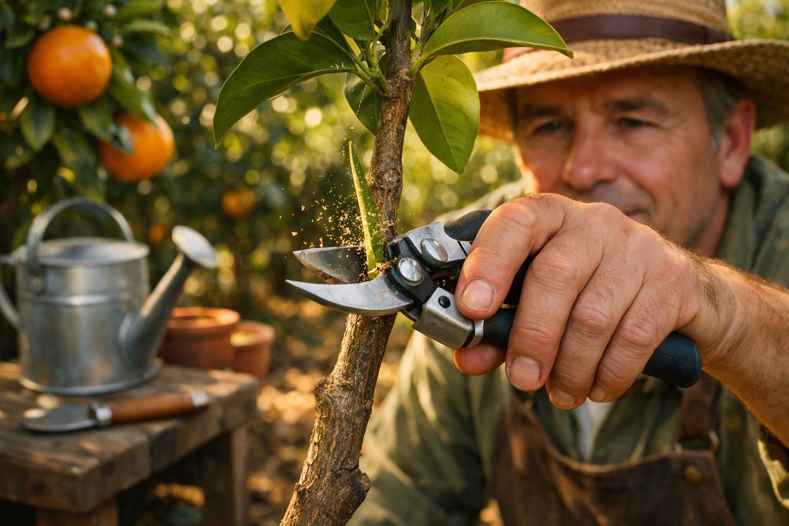 Homem a podar ramo de árvore com tesoura de jardim num pomar de laranjeiras ao pôr do sol.
