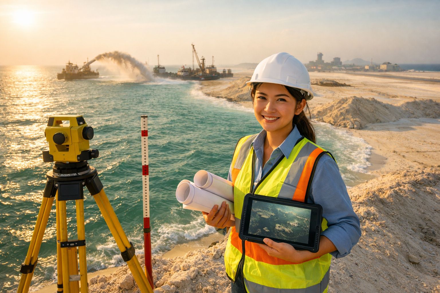 Engenheira civil com capacete e colete reflete obra de dragagem costeira ao pôr do sol.