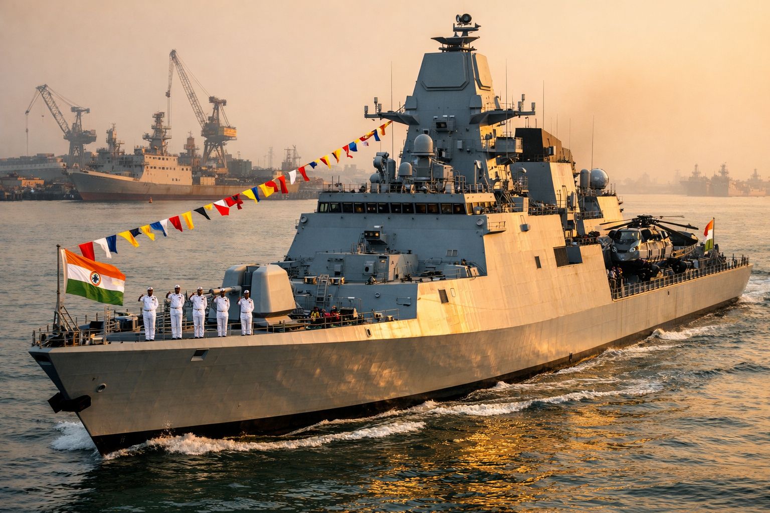 Navio de guerra indiano com marinheiros a bordo e bandeiras coloridas, navegando ao pôr do sol.