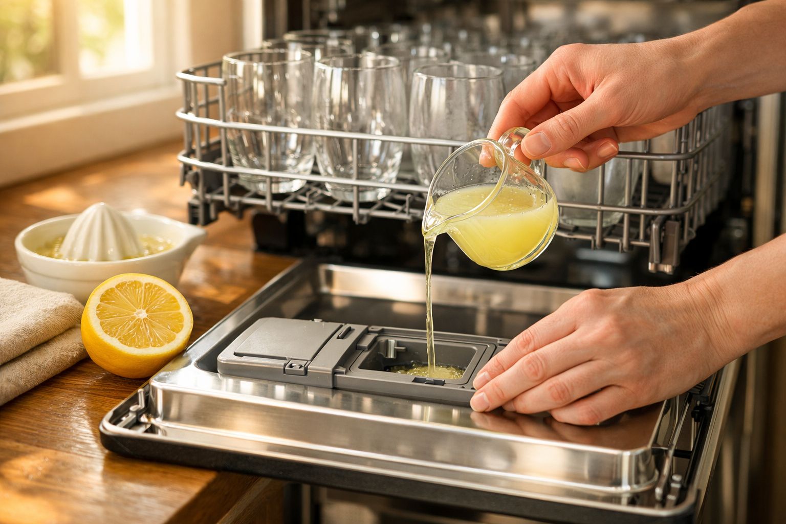 Mãos a verter sumo de limão num dispensador de máquina de lavar louça, com limão cortado e espremedor ao lado.