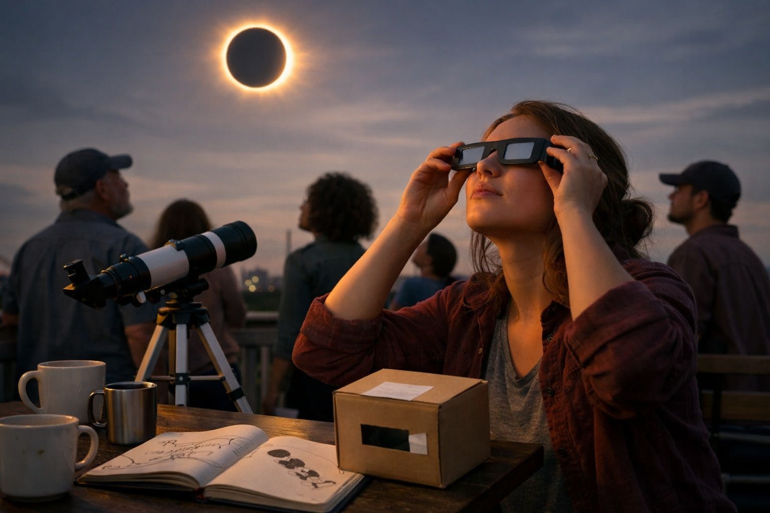 Grupo de pessoas observam eclipse solar com óculos especiais e telescópio ao entardecer.