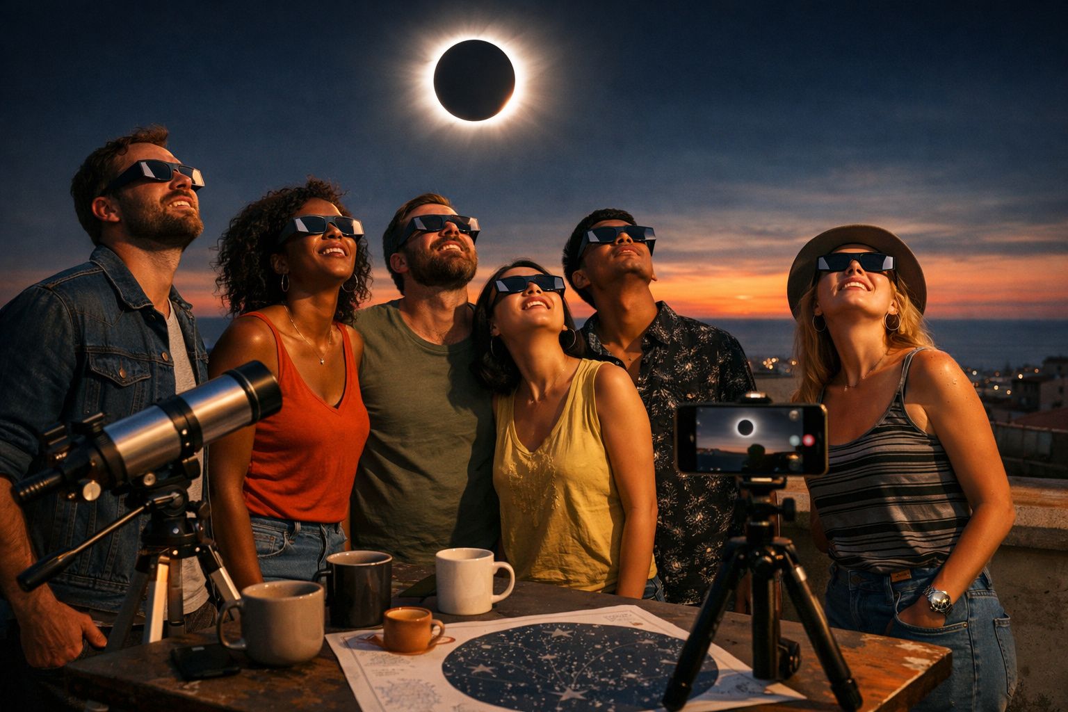 Grupo de seis pessoas a observar eclipse solar com óculos protetores ao entardecer numa varanda com telescópio.