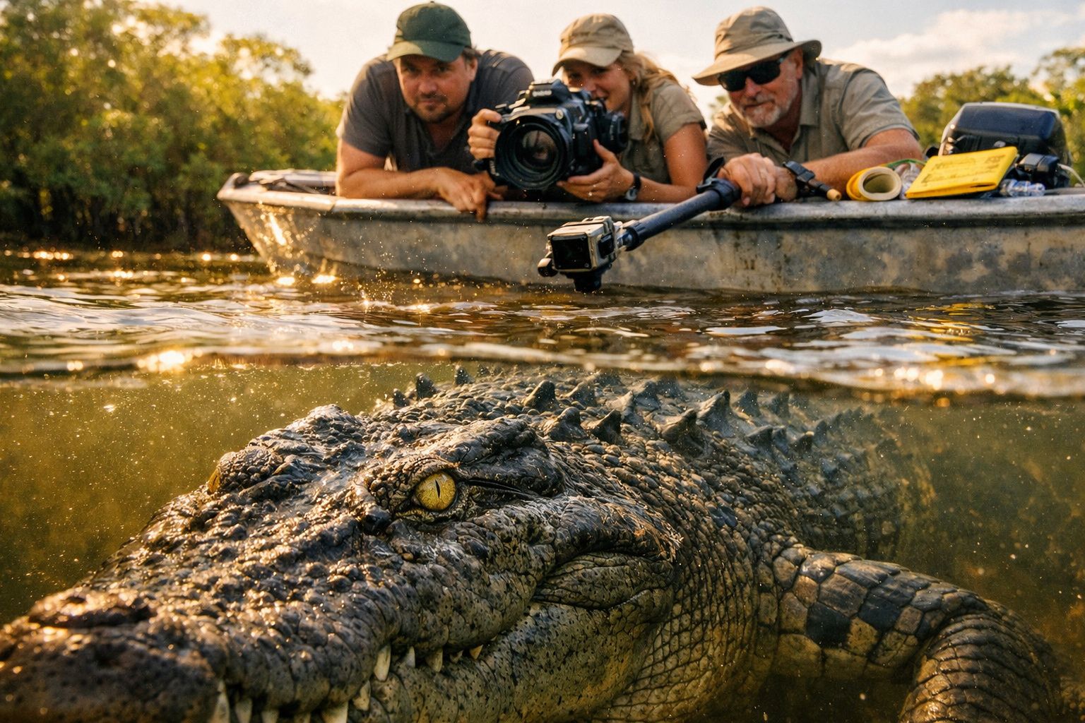 Crocodilo na água com três pessoas a filmar e fotografar num barco ao pôr do sol.