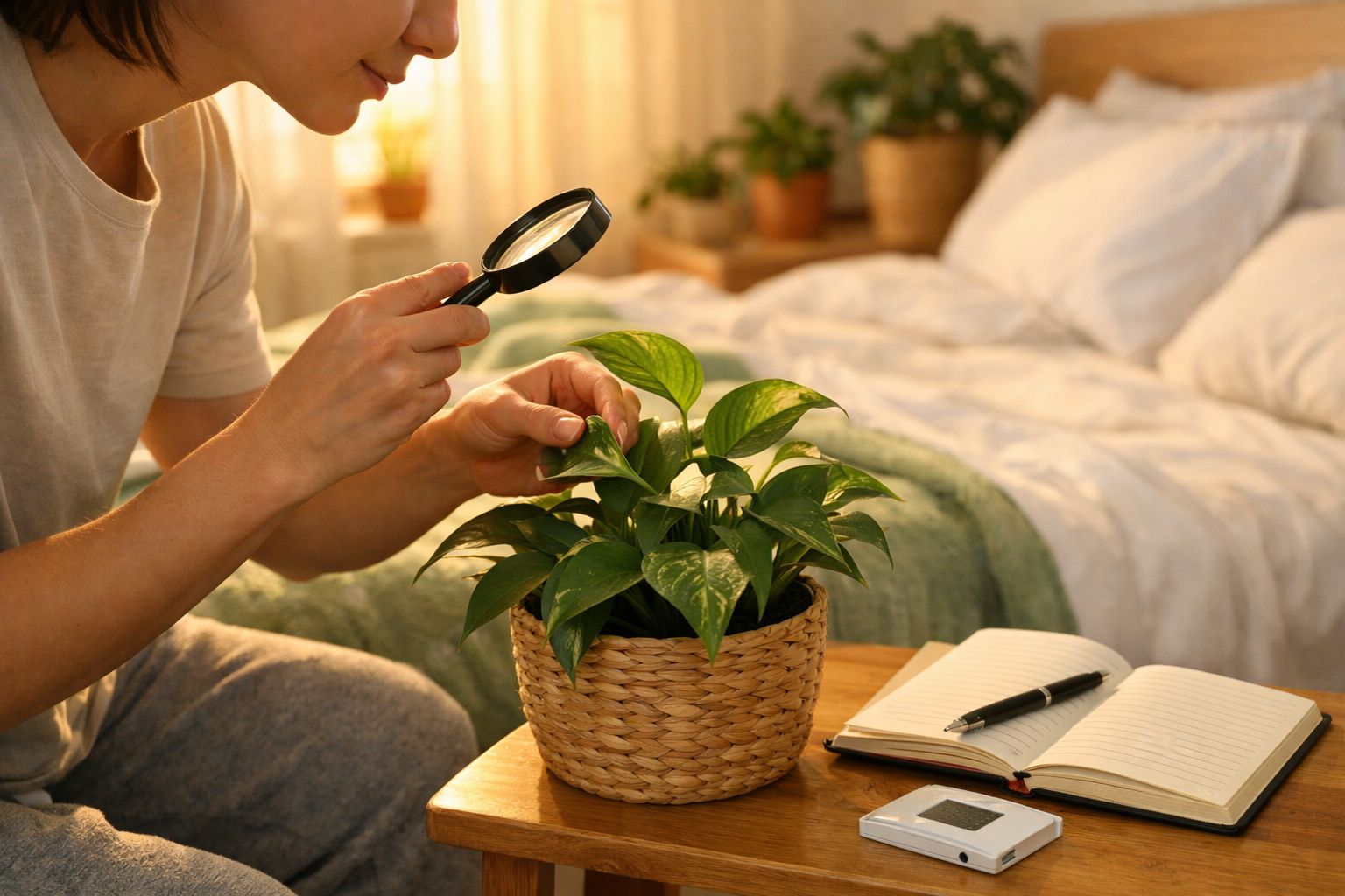Pessoa examinando planta doméstica com lupa ao lado de caderno aberto numa mesa junto à cama num quarto iluminado.
