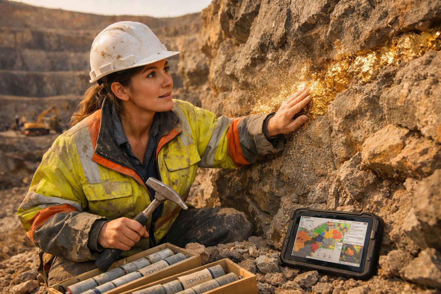 Mulher geóloga de capacete e equipamento a examinar veias de ouro na rocha numa mina a céu aberto.