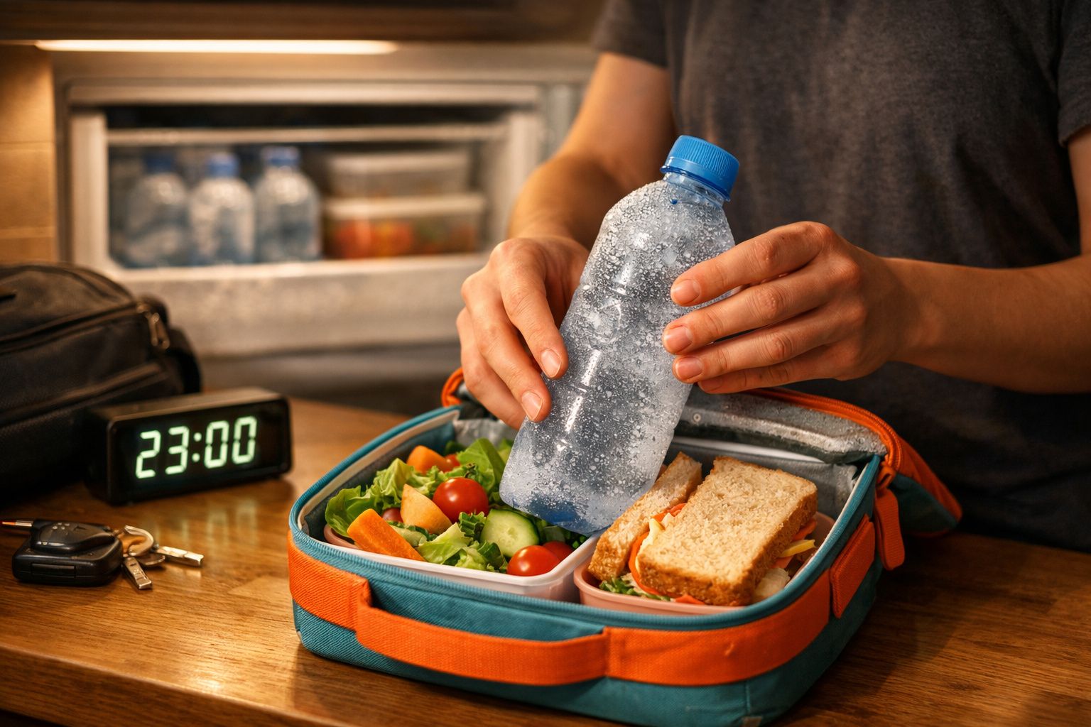 Mãos a colocar garrafa de água fria numa marmita com sandes e salada, relógio digital marcando 23:00.