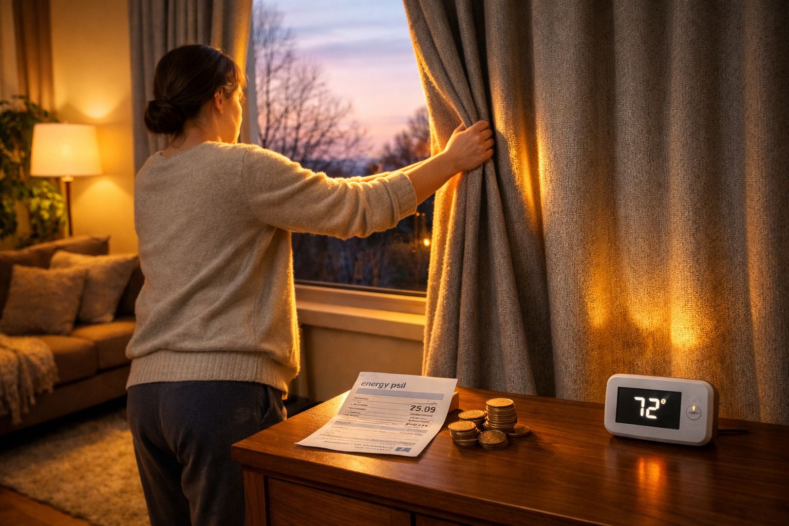 Pessoa a abrir cortinas ao pôr do sol numa sala com fatura de energia, moedas e termóstato digital na mesa.