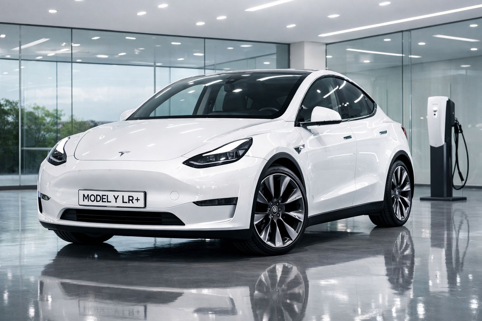 Carro elétrico Tesla Model Y LR+ branco estacionado em interior moderno com estação de carregamento ao fundo.