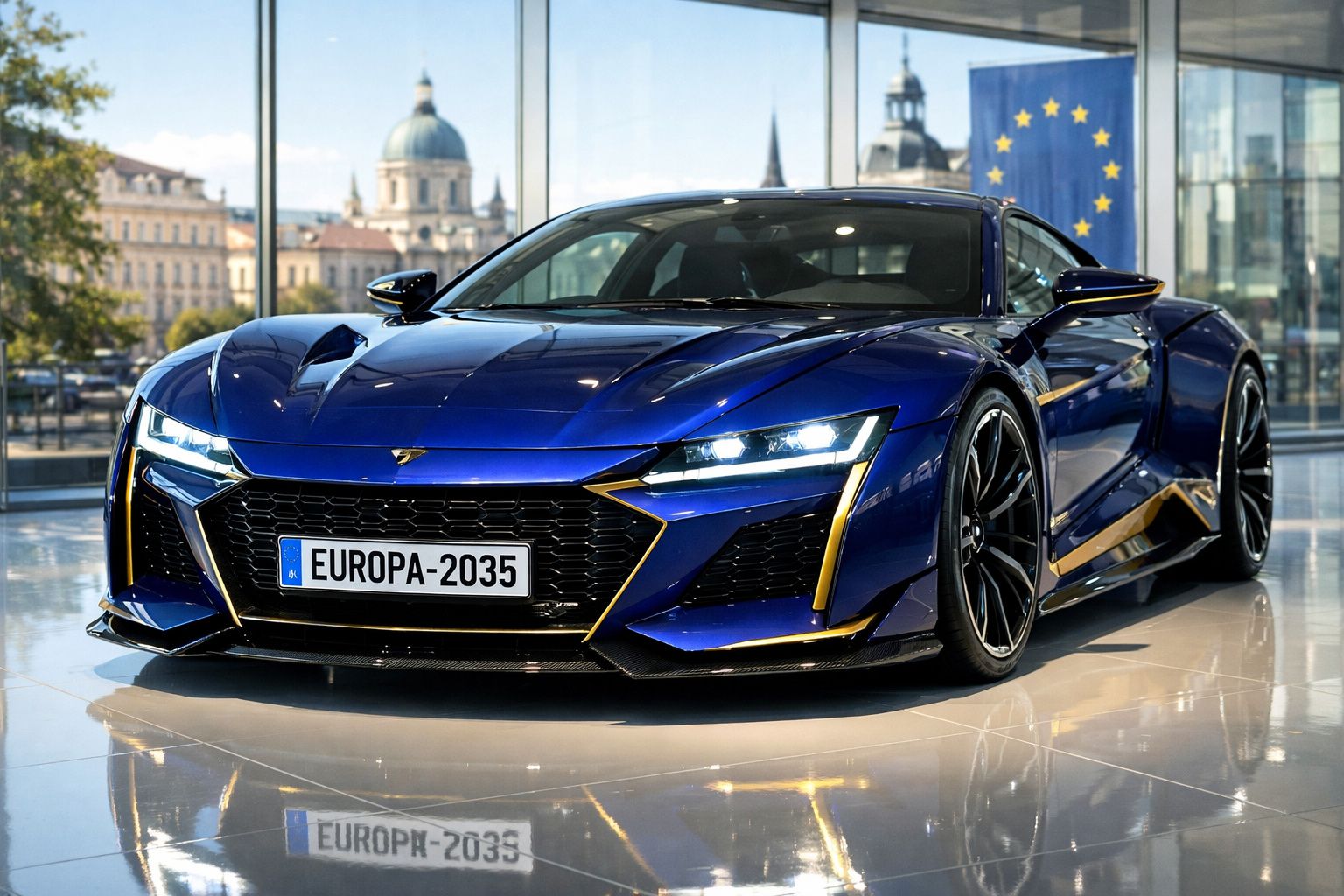 Carro desportivo elétrico azul com detalhes dourados estacionado em palco interior com vista urbana e bandeira da UE.