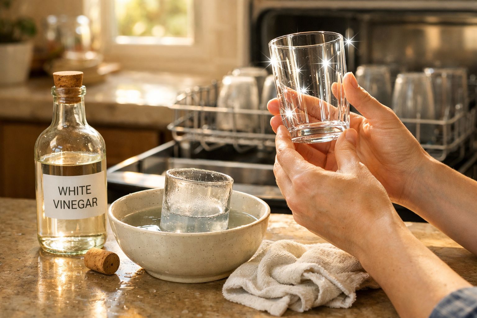 Pessoa a segurar um copo limpo, ao lado de um frasco de vinagre branco e copo imerso em água numa cozinha.