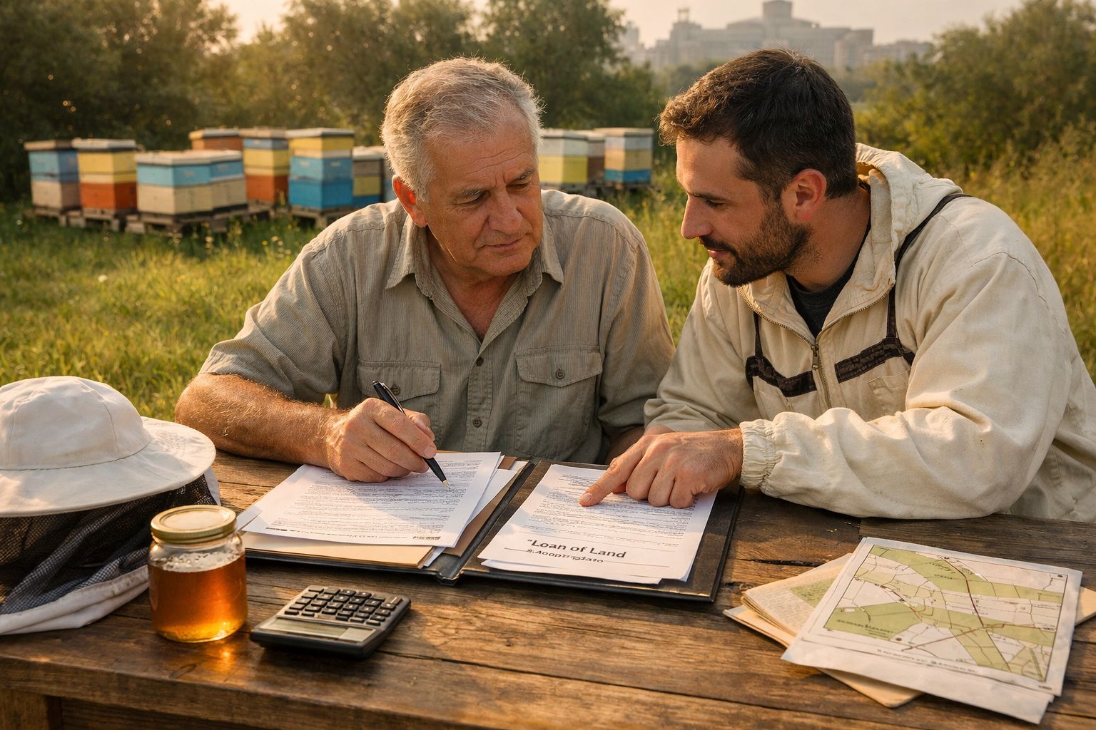 Dois homens analisam documentos agrícolas numa mesa ao ar livre, com colmeias ao fundo.