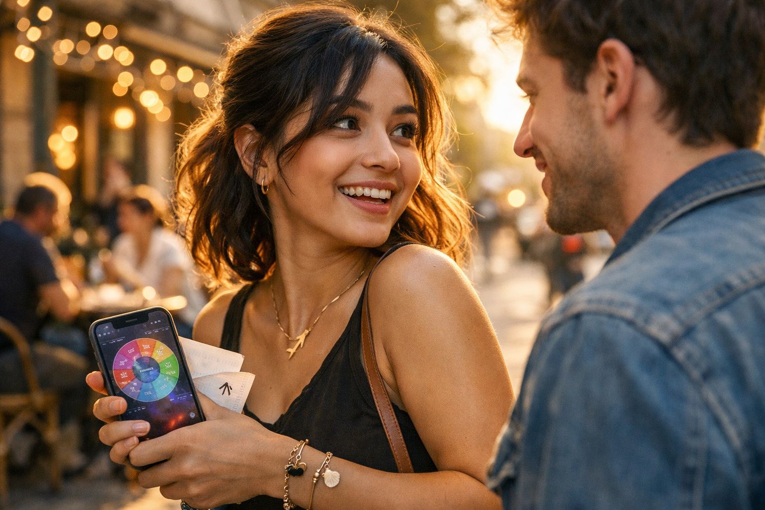 Mulher sorridente mostra uma aplicação num smartphone a um homem numa rua com luzes ao fundo.