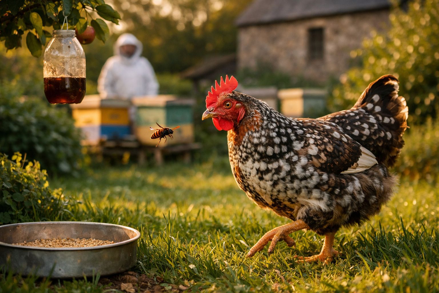 Galinha preta e branca no jardim com abelha voando e apicultor ao fundo entre colmeias.