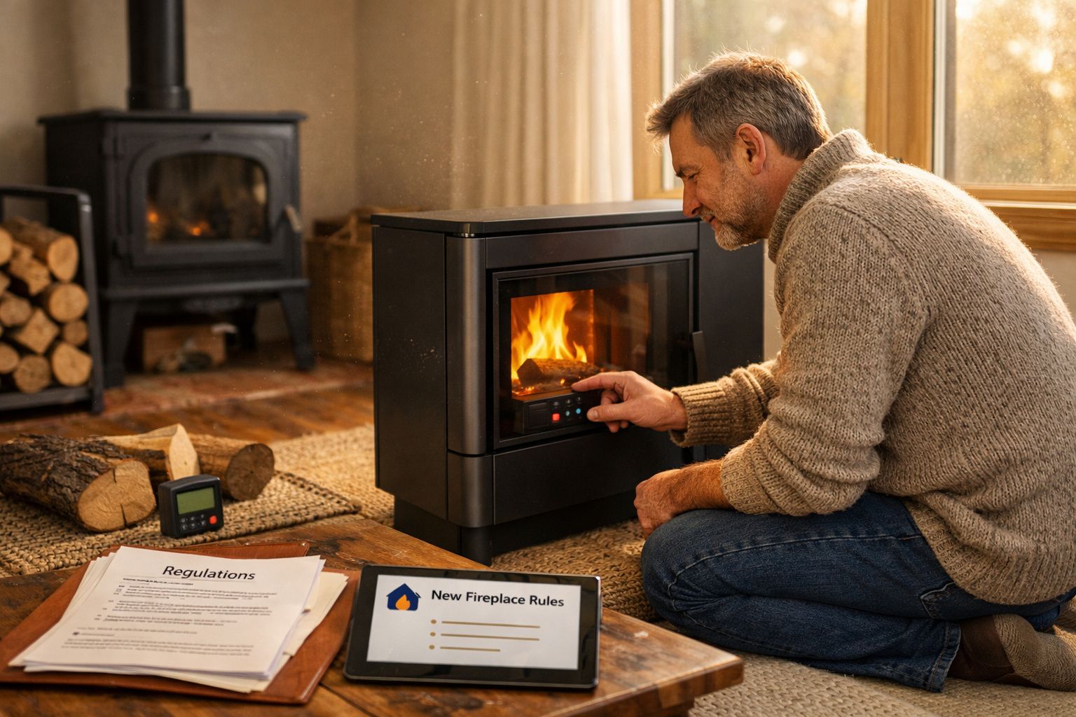 Homem a controlar a temperatura de uma lareira moderna num ambiente acolhedor com documentos sobre regras de lareira.
