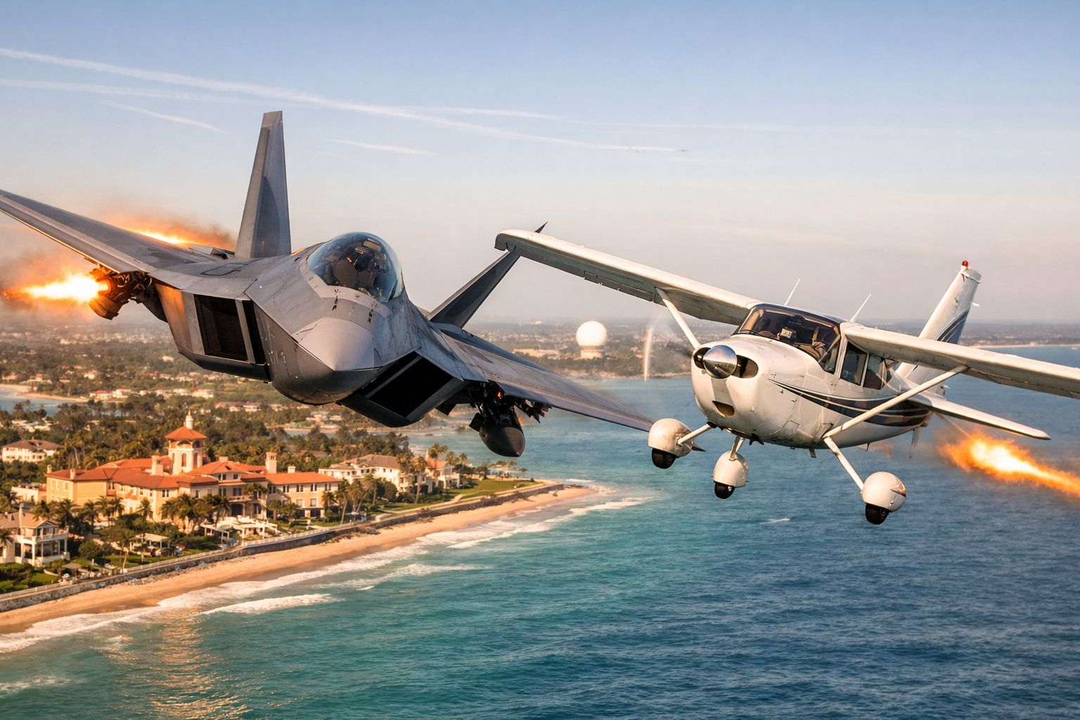 Caça furtivo e avião leve a disparar mísseis sobre uma costa com casas e mar ao fundo.