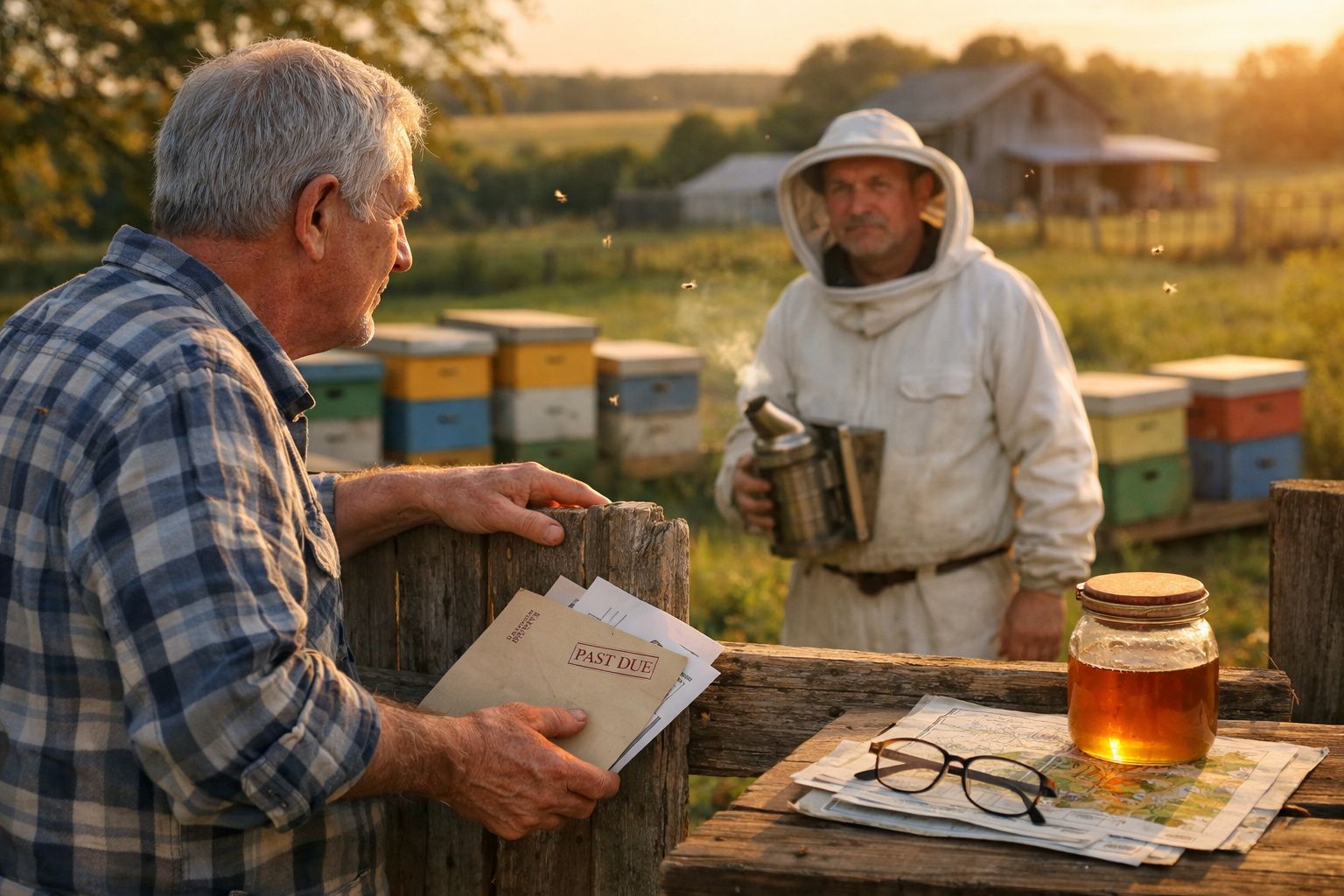 Dois apicultores conversam junto a colmeias, com jarra de mel e documentos numa cerca de madeira.