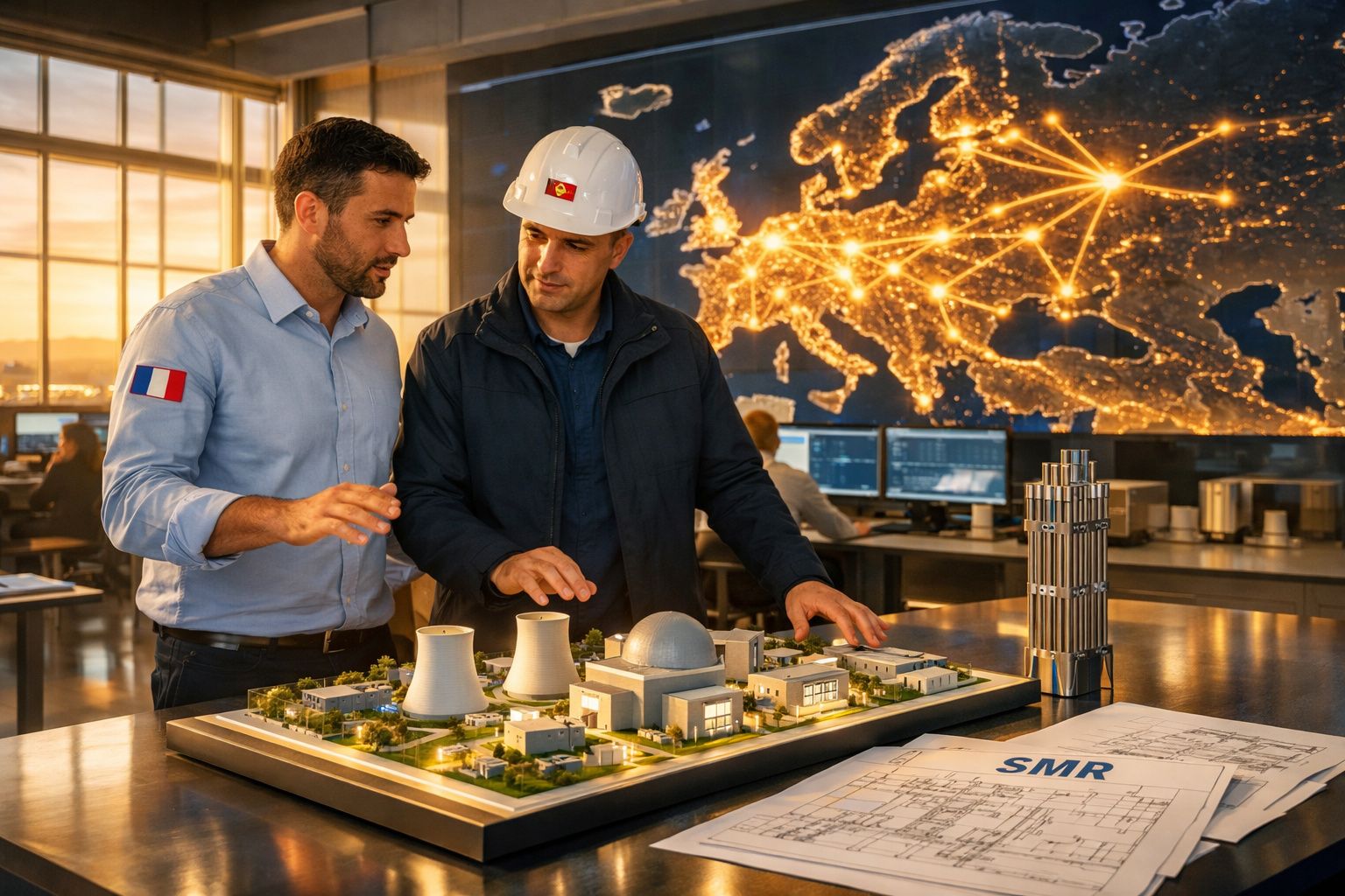 Dois engenheiros a analisar maquete de central nuclear com mapa luminoso da Europa ao fundo.
