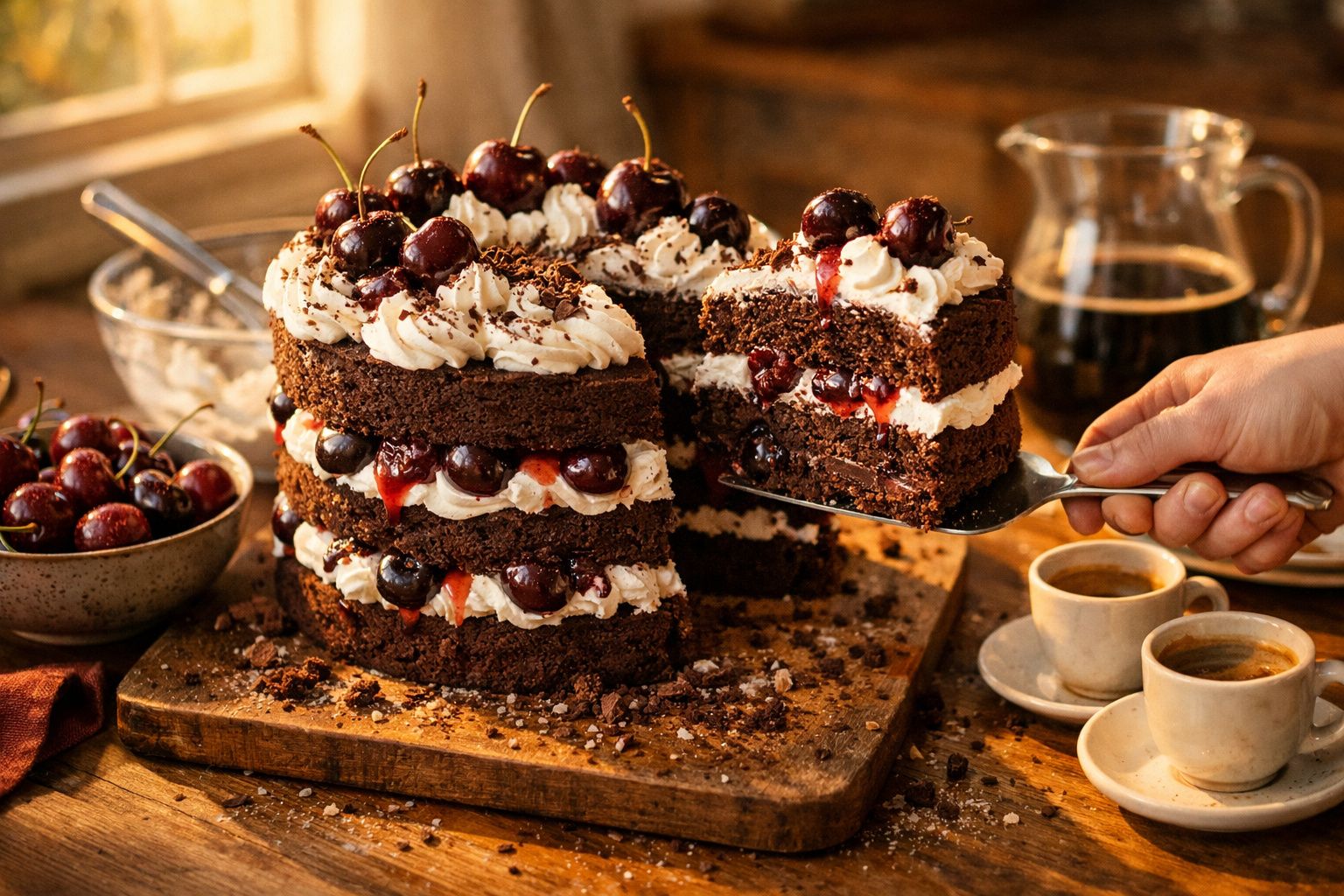 Bolo de chocolate com chantilly e cerejas, fatia a ser servida, café e bowl com cerejas ao lado.