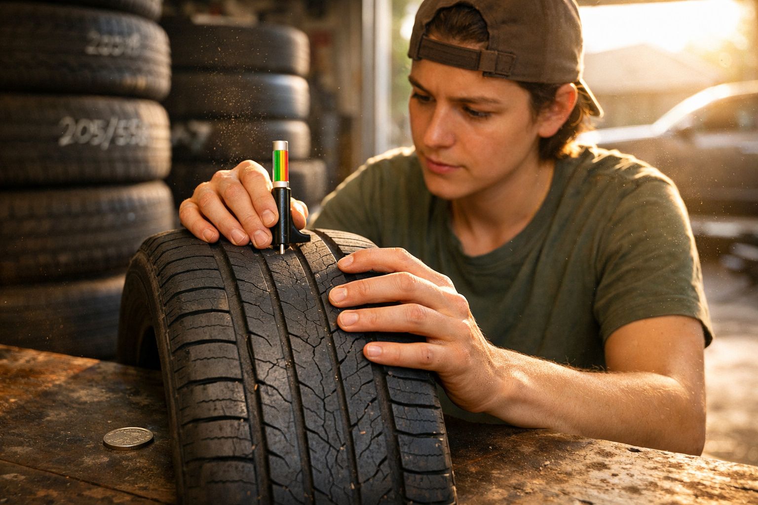 Homem a medir a profundidade do piso de um pneu gasto numa oficina de pneus.