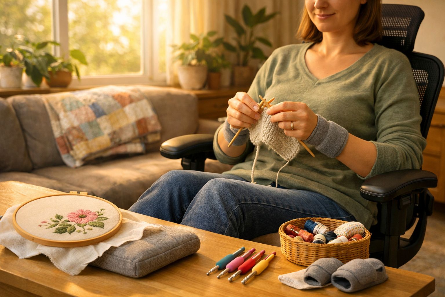 Pessoa sentada a tricotar com agulhas de madeira numa sala acolhedora, com materiais de bordado na mesa.