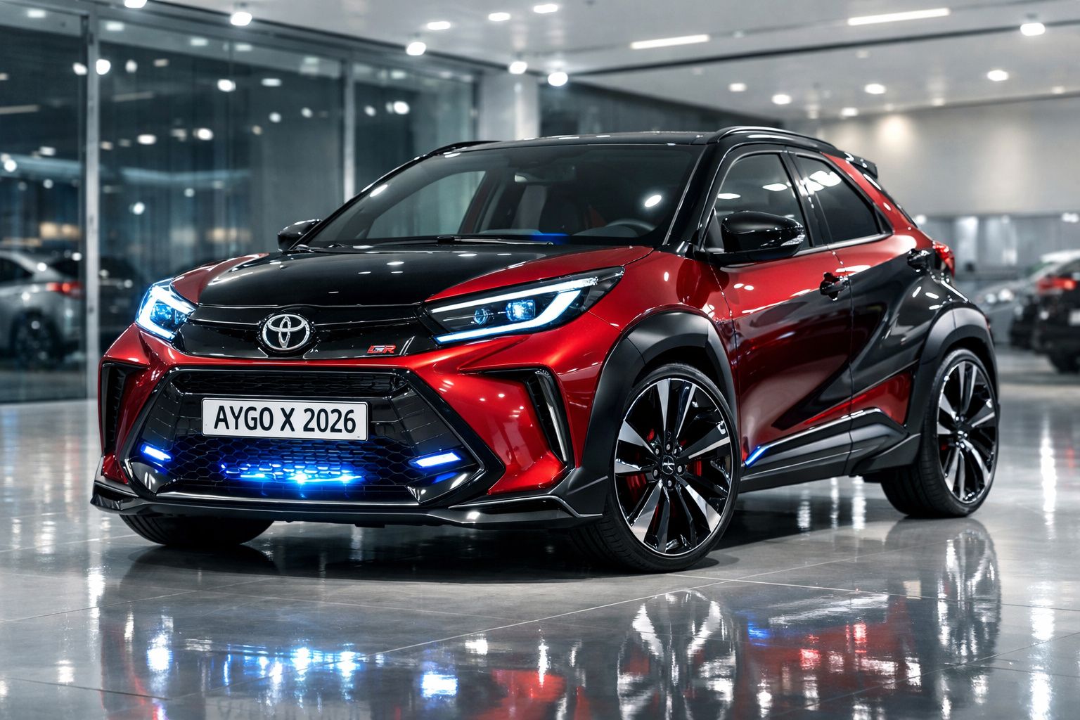 Carro desportivo Toyota Aygo X 2026 vermelho e preto com luzes de LED azuis em garagem moderna.