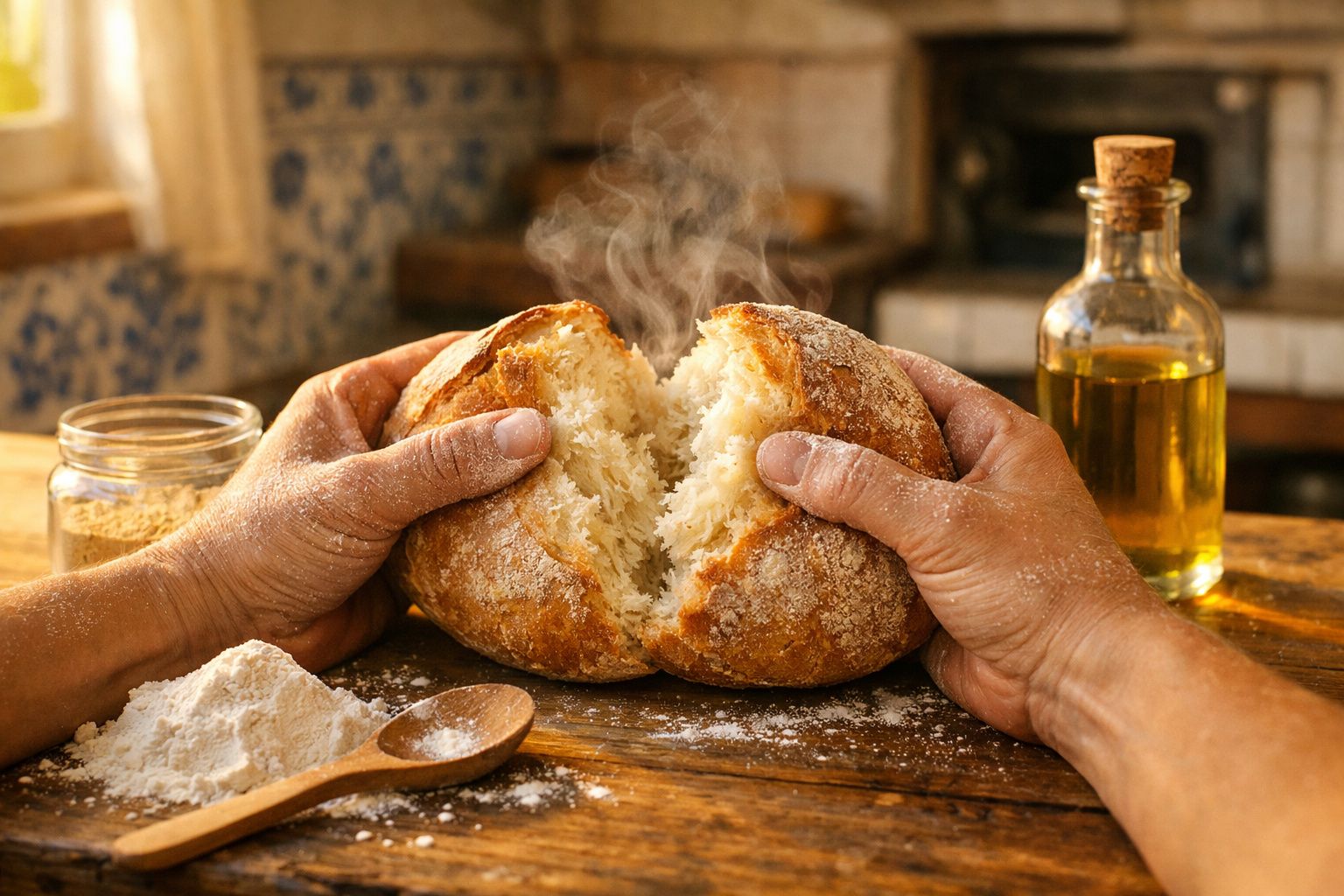 Mãos a partir um pão quente com vapor, com farinha e azeite numa mesa rústica.