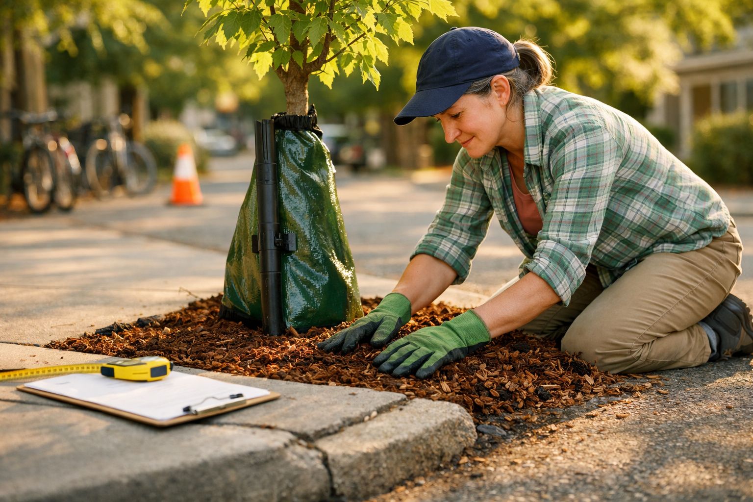 Mulher a fazer jardinagem num passeio urbano, a colocar cobertura morta à volta de uma árvore.