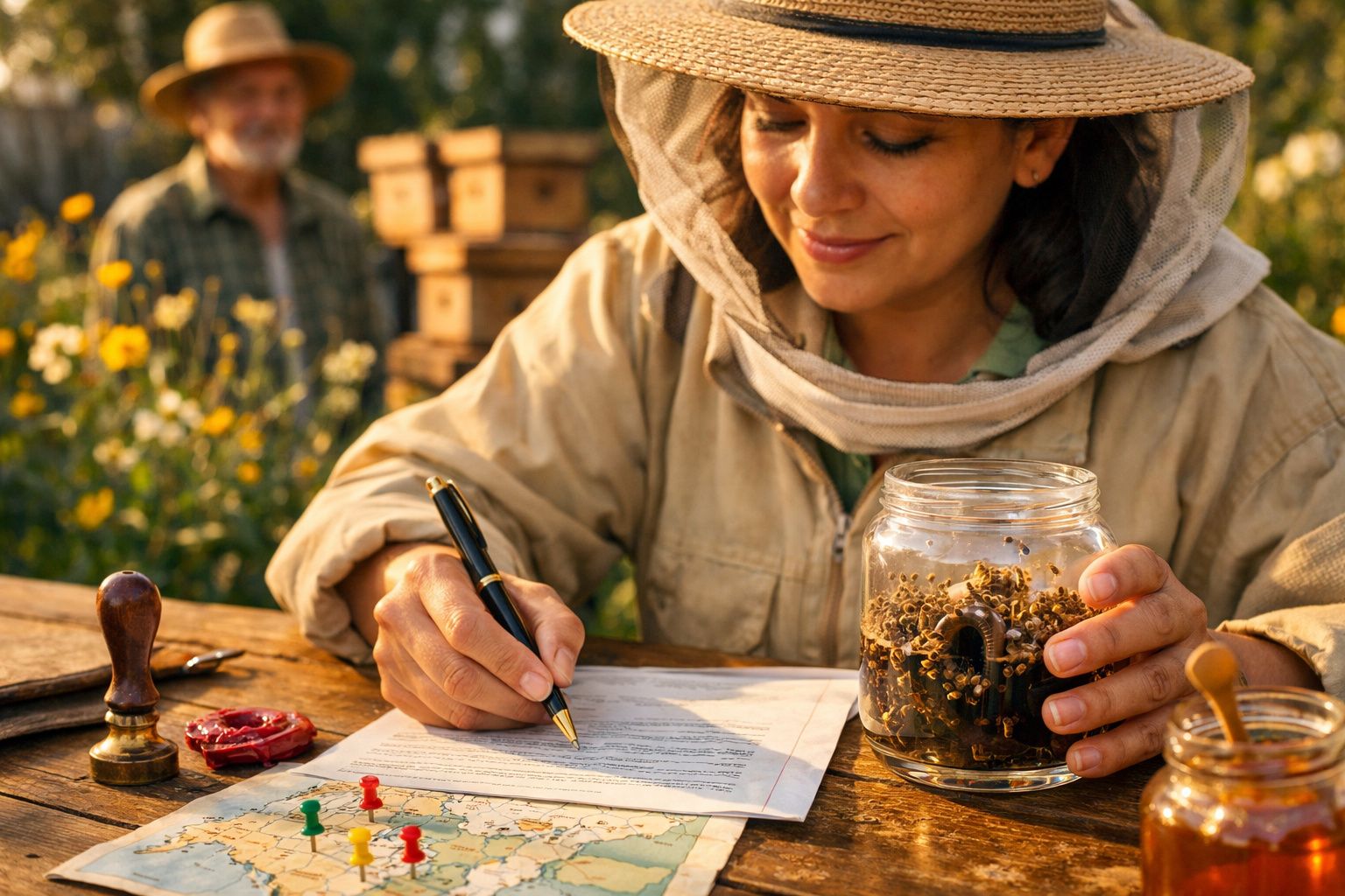 Apicultora com fato de proteção para abelhas, segurando um frasco com abelhas e preenchendo documentos ao ar livre.