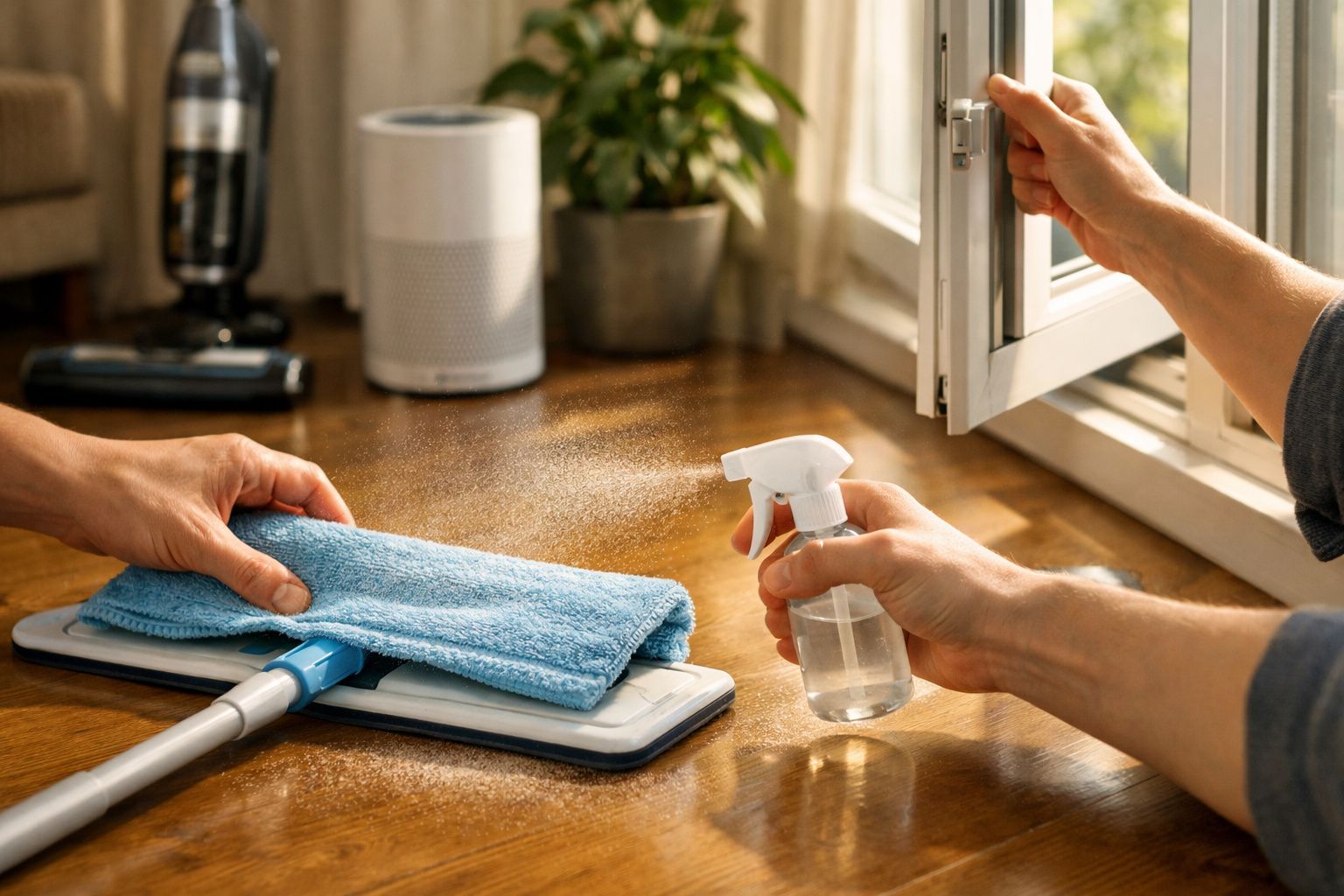 Pessoa a limpar chão de madeira com esfregona e pulverizador junto a janela aberta e plantas.
