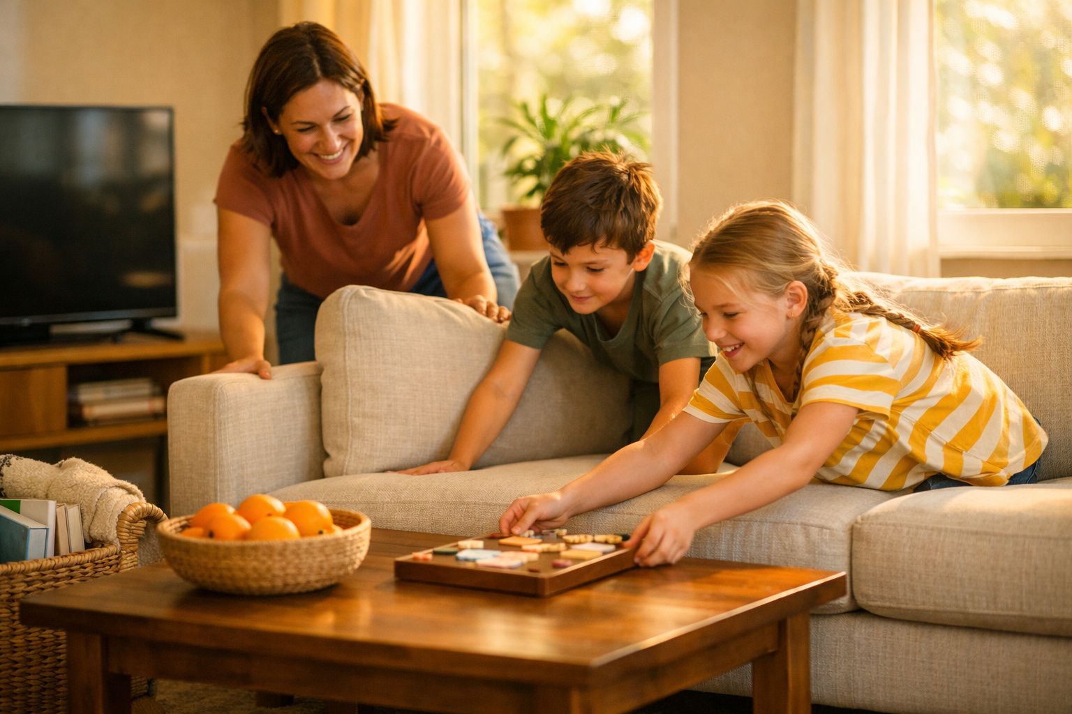 Crianças a jogar um jogo de tabuleiro na sala de estar enquanto uma adulta sorri ao fundo.
