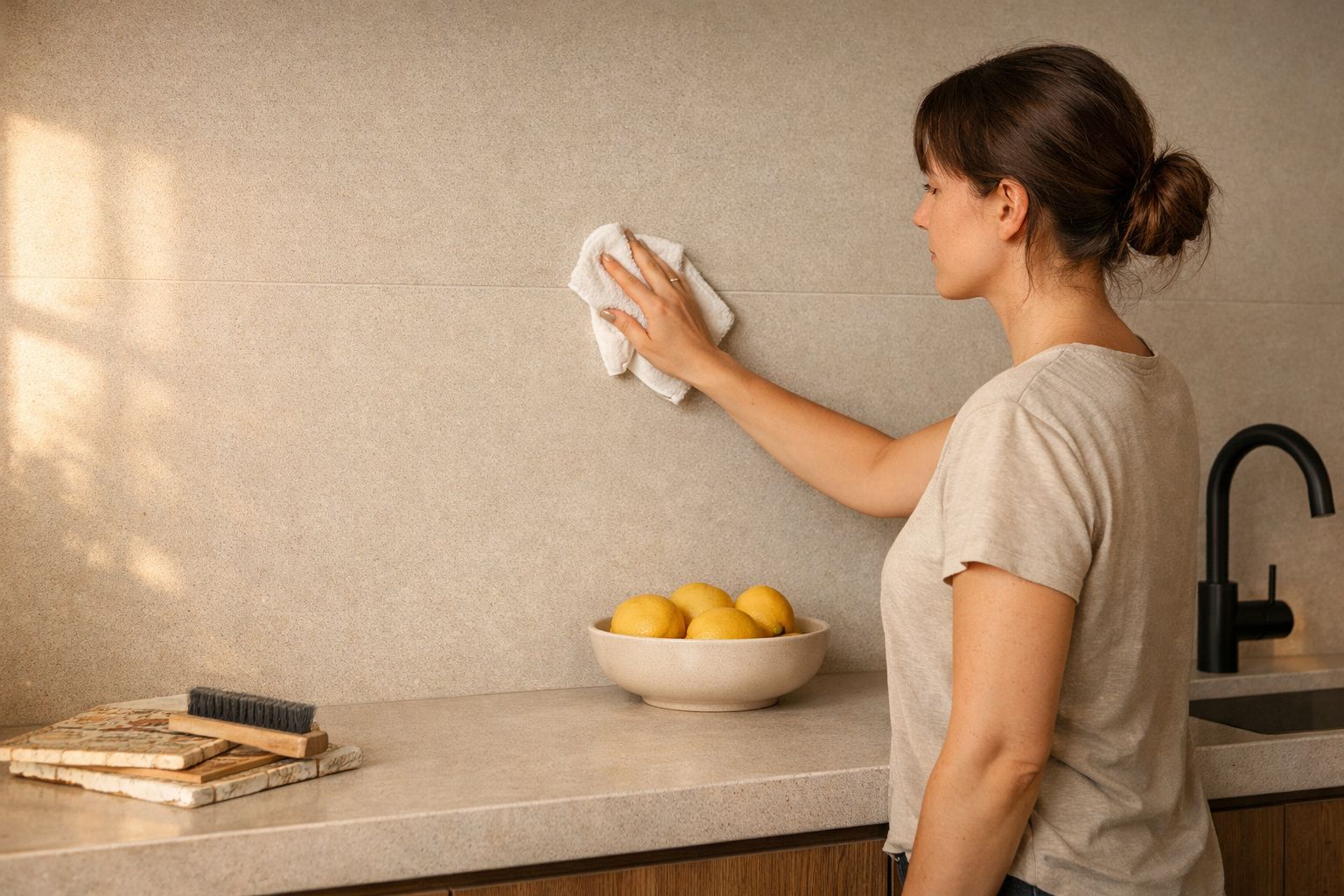 Mulher a limpar a parede da cozinha com um pano branco, junto a uma tigela com limões.