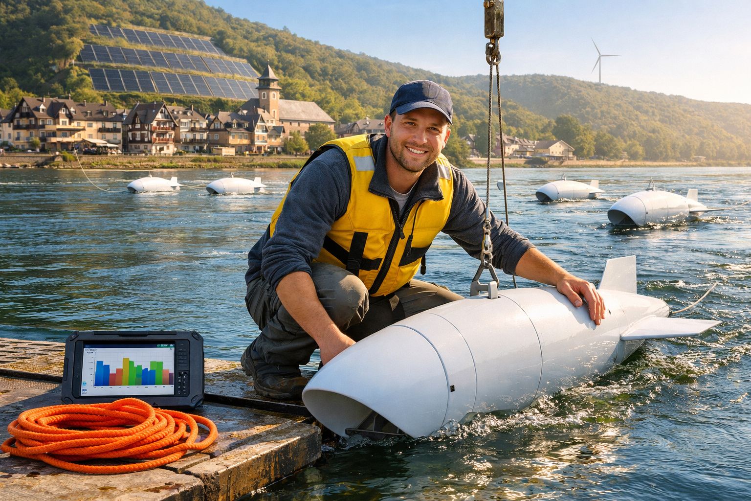 Homem com colete salva-vidas junto a dispositivo subaquático branco numa área de pesquisa em rio.