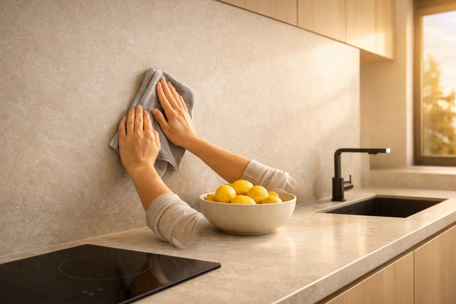 Mãos limpando a parede da cozinha com um pano cinzento, com uma tigela de limões sobre a bancada.