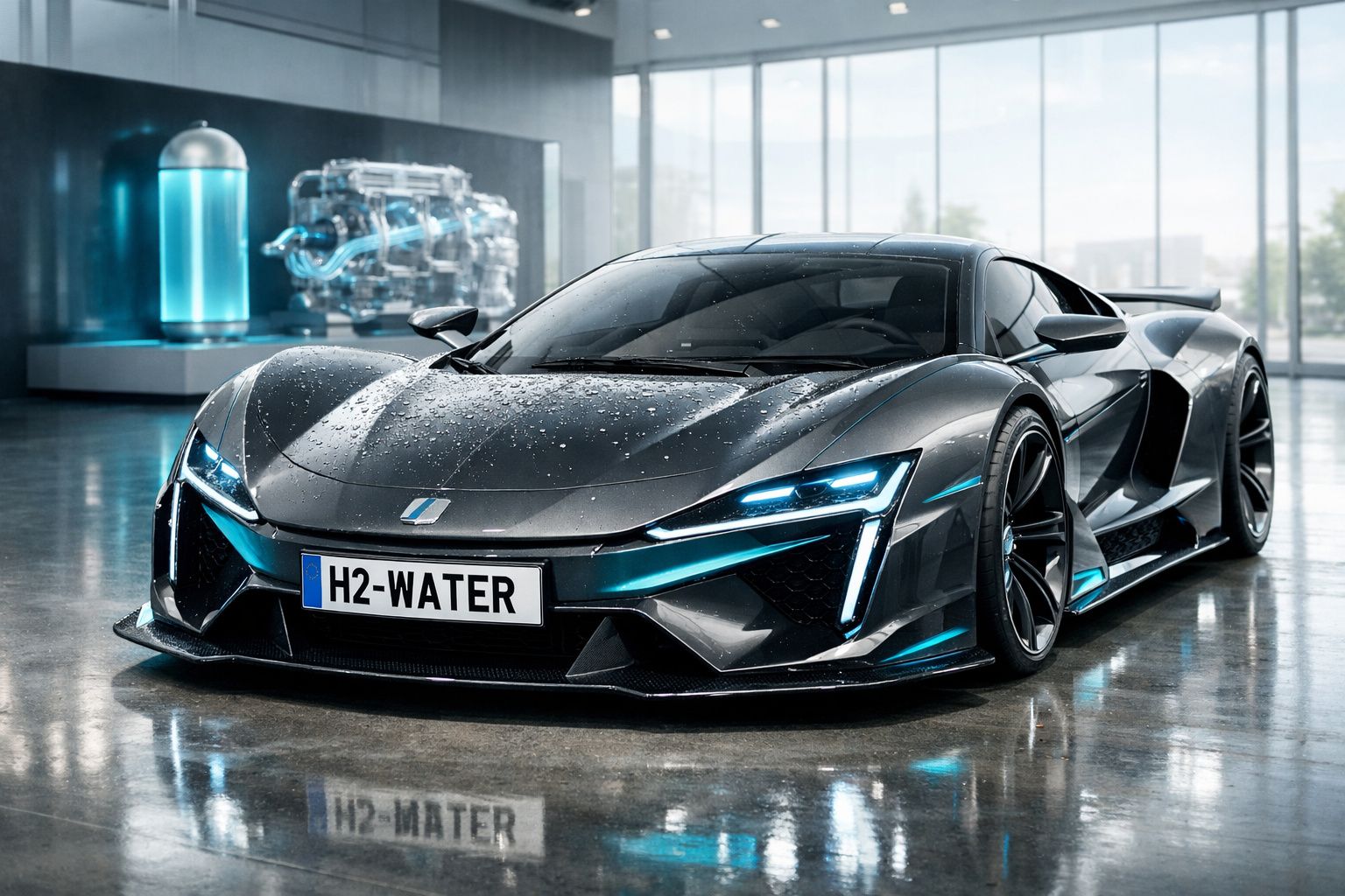 Carro desportivo preto com luzes azuis e matrícula H2-WATER, estacionado em ambiente moderno interior.