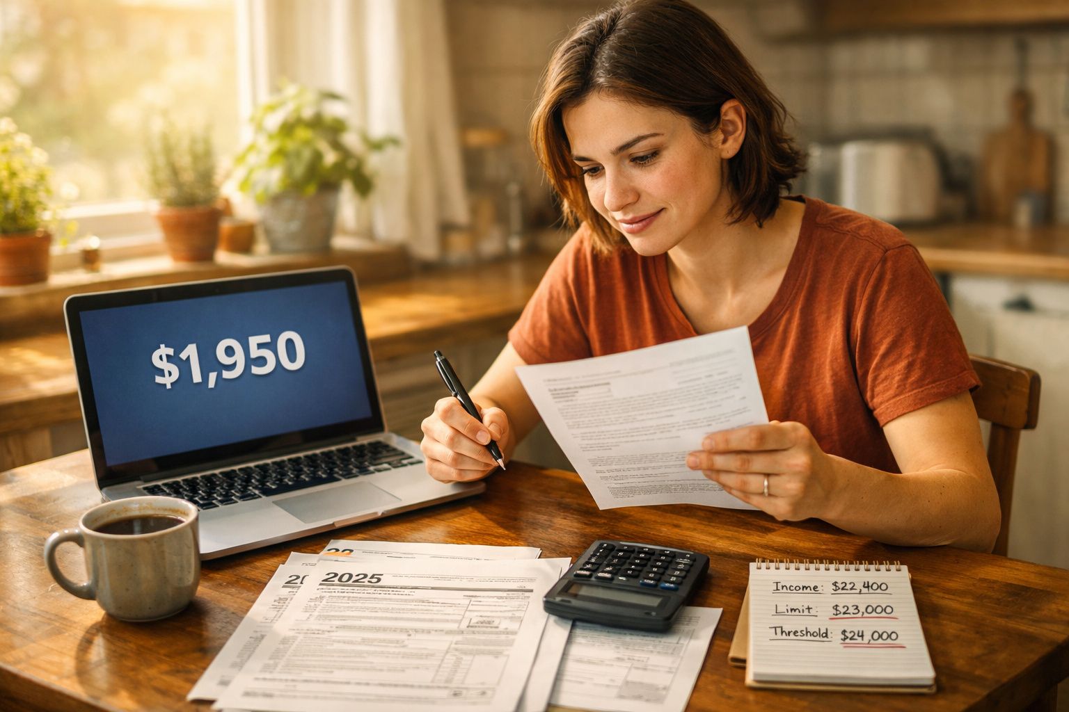 Mulher a fazer contas em casa, com documentos, calculadora, computador e café à sua frente.