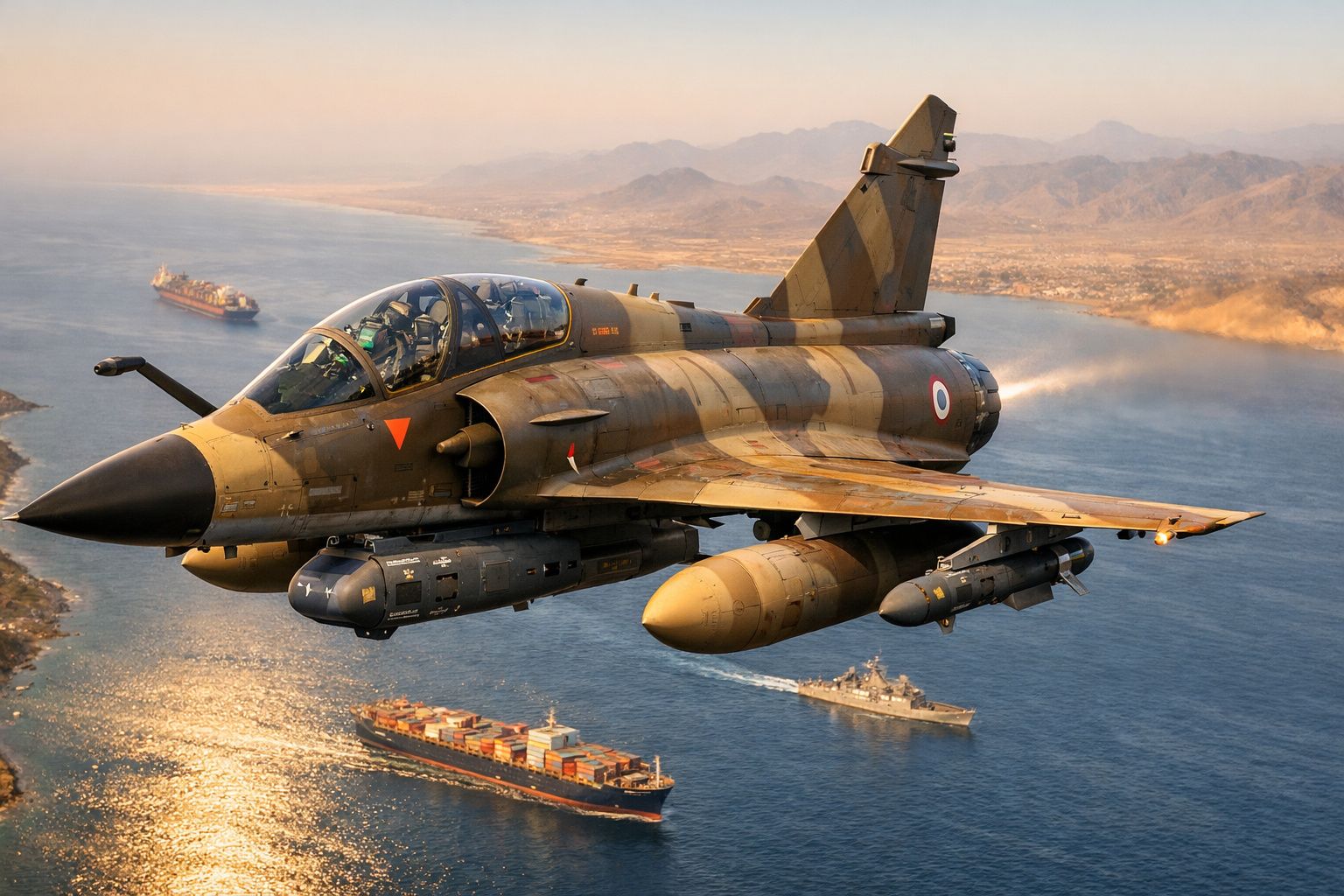 Avião militar de combate a voar sobre mar com navios cargueiros e montanhas ao fundo.