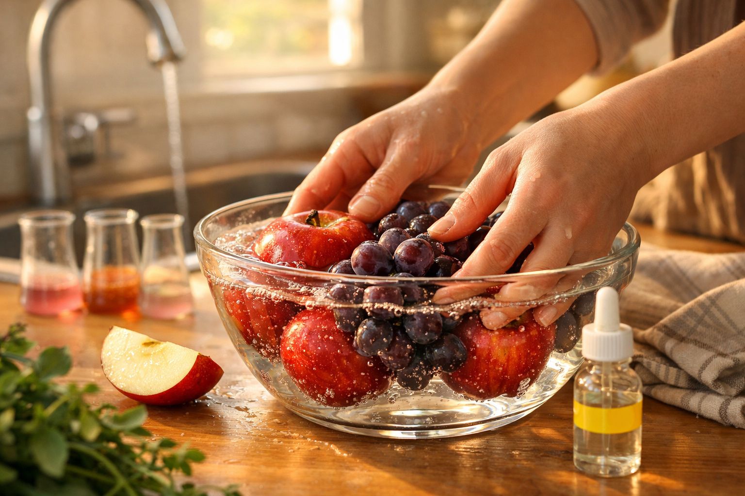 Mãos a lavar maçãs e uvas numa tigela de vidro com água e bolhas numa cozinha iluminada.
