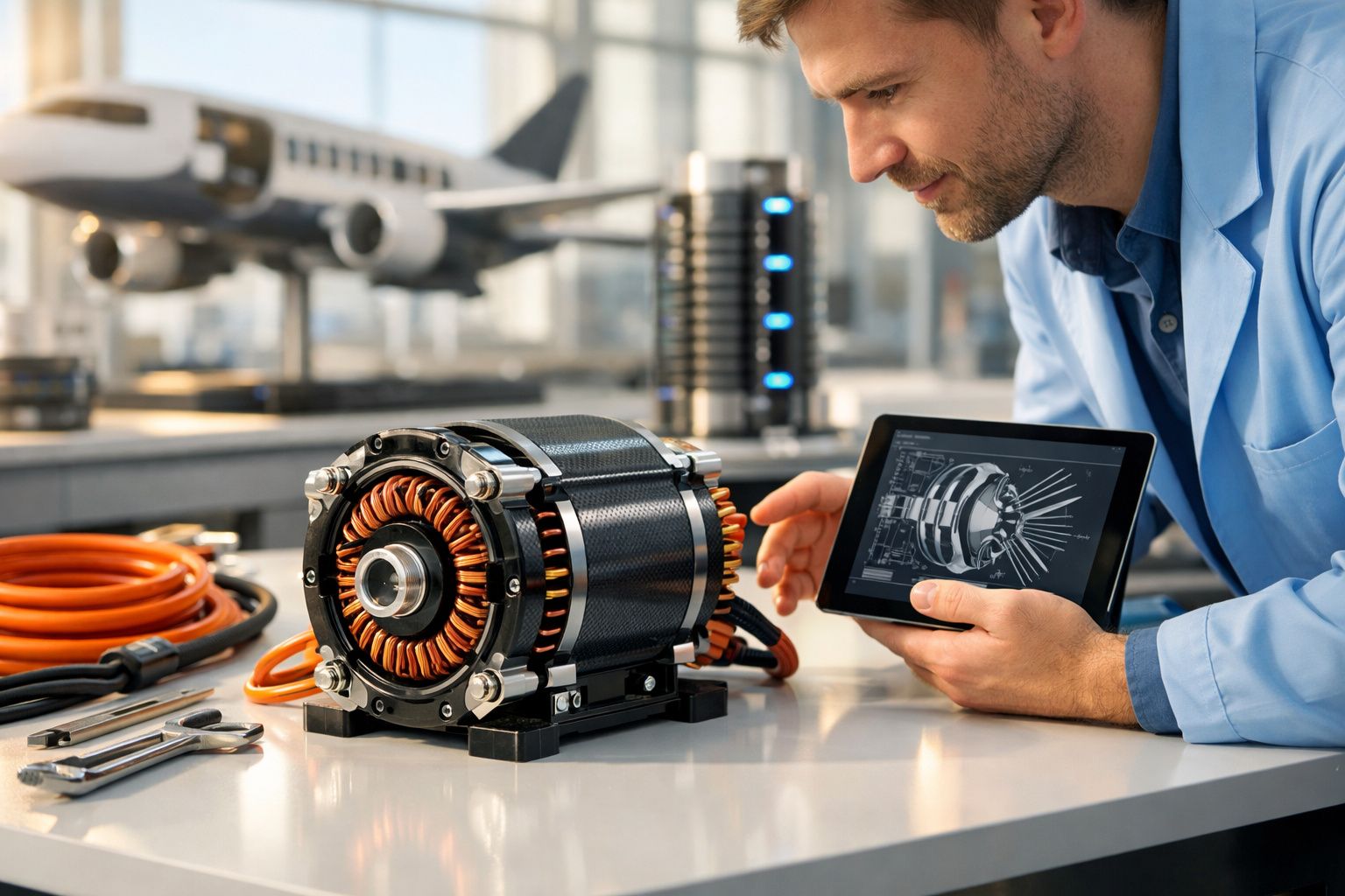 Engenheiro a analisar projeto digital de motor elétrico numa bancada com componentes técnicos e avião ao fundo.
