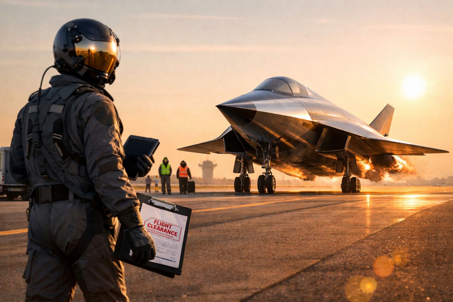 Piloto com fato e capacete observa jato militar futurista numa pista ao pôr do sol.