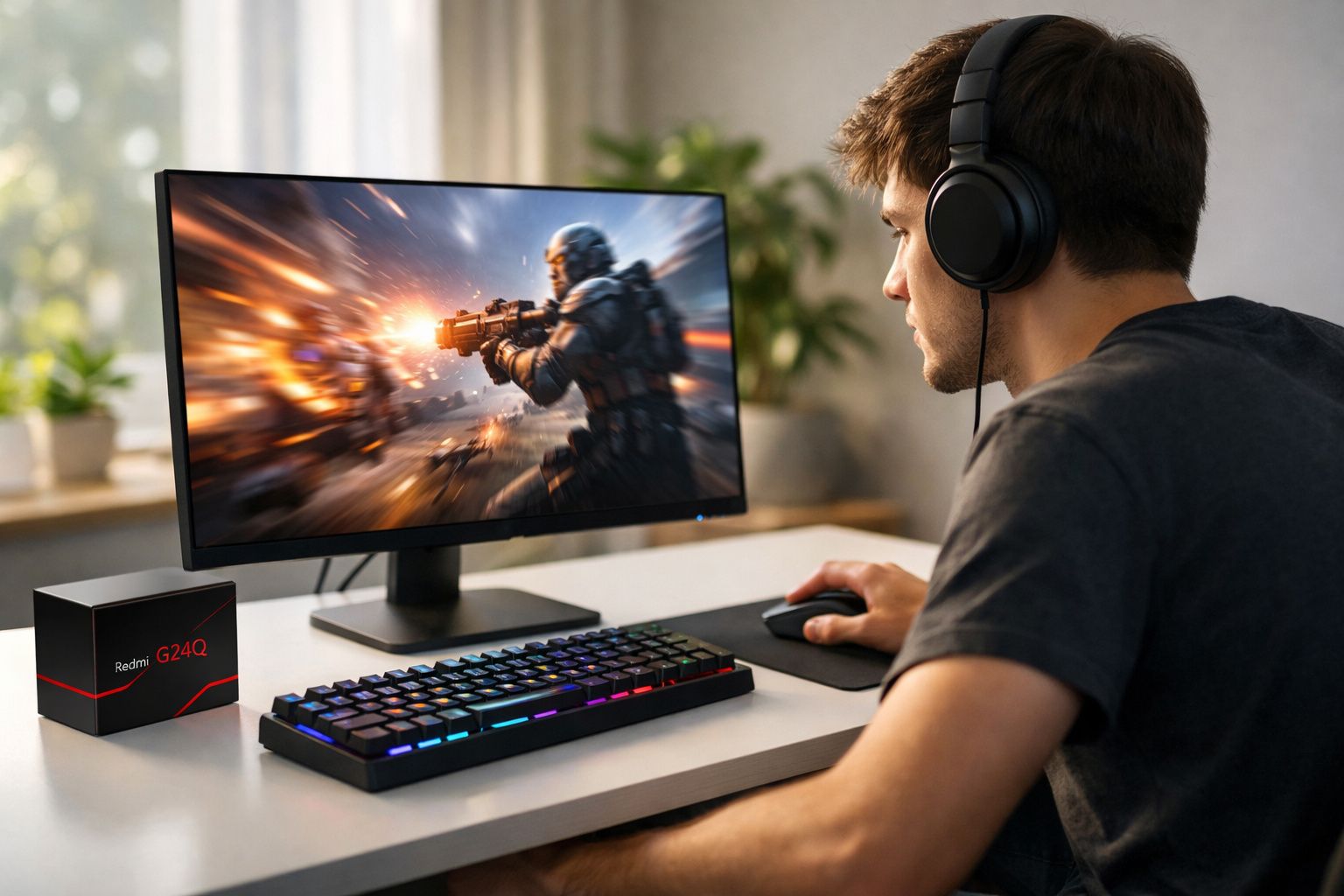 Jovem com headphones a jogar videojogo de ação num computador com teclado retroiluminado RGB.