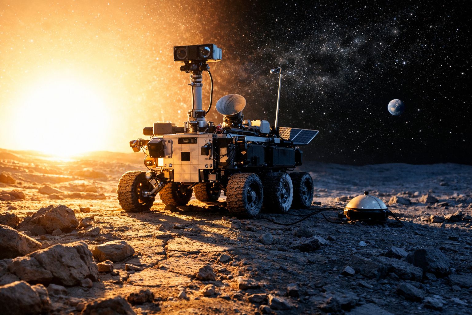 Rover autónomo a explorar uma superfície rochosa lunar com uma nave espacial e o planeta Terra ao fundo.