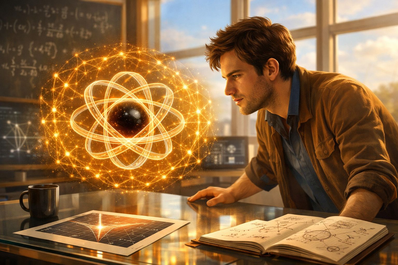 Homem estudando modelo atómico holográfico numa mesa com caderno e fórmulas matemáticas.