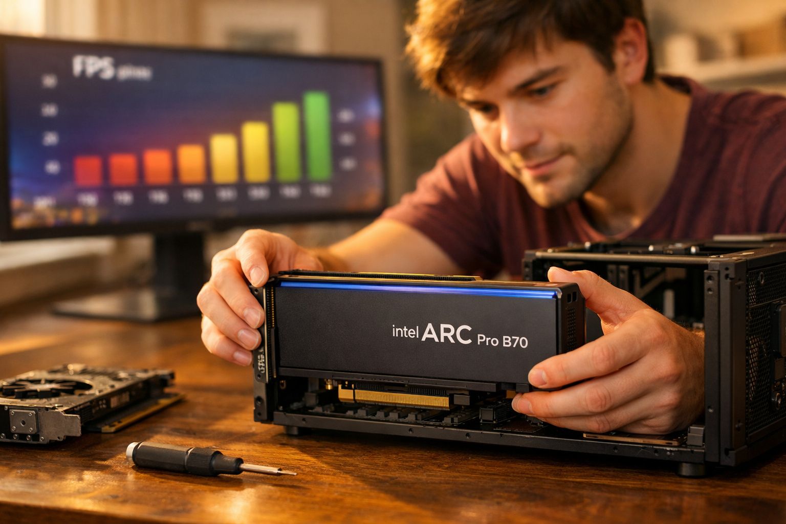 Jovem a instalar uma placa gráfica Intel ARC Pro B70 num computador, com gráfico de desempenho ao fundo.