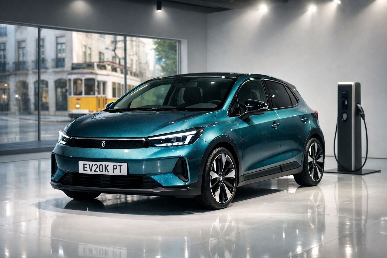 Carro elétrico azul em exposição interior junto a posto de carregamento elétrico.