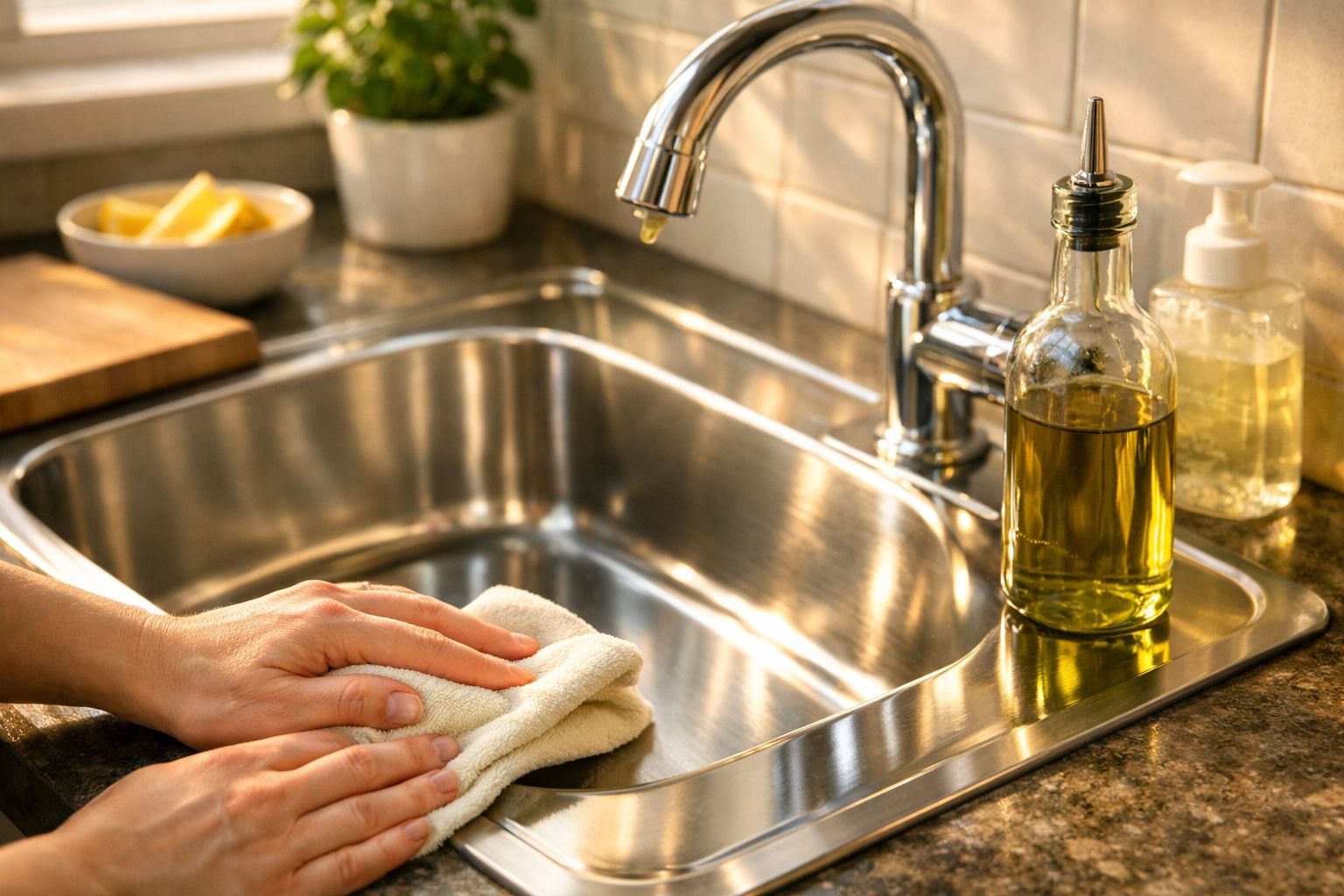 Pessoas a limpar pia de cozinha em inox com pano branco, garrafa de azeite e dispensador de sabão ao lado.